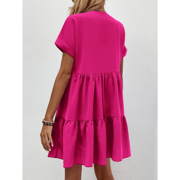 Roll Cuff short sleeve Ruffle Hem mini Dress black - Picture 9 of 11